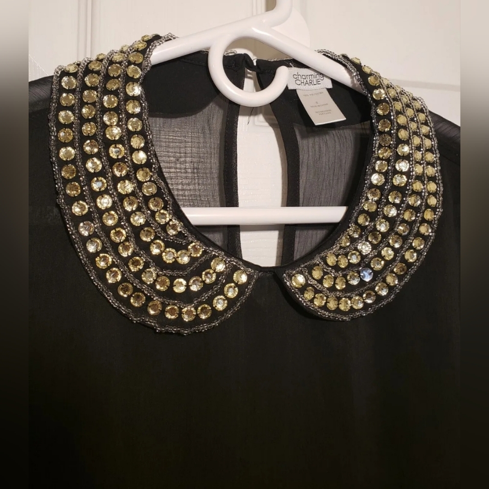 ❤️ CHARMING CHARLIE WOMEN'S SHEER BLACK BLOUSE WITH RHINESTONE COLLAR SIZE SMALL - Picture 3 of 12